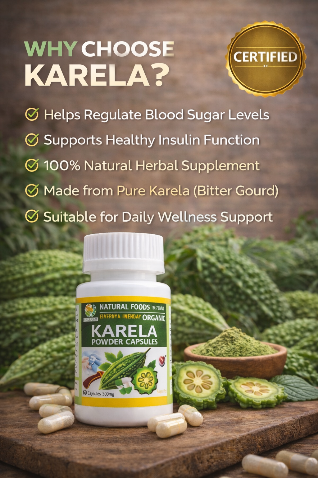 Organic Karela Powder Capsules – Natural Support for Healthy Blood Sugar Levels (500mg, 60 Capsules)
